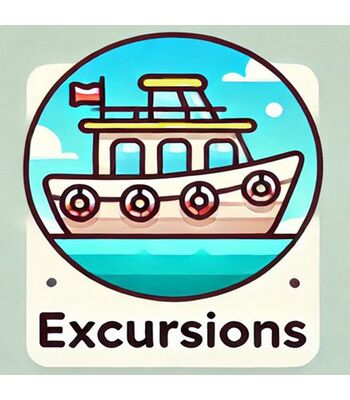 ALT tekst: "Illustration of a boat with the word 'Excursions' prominently displayed, representing boat tours and adventures in Pula." TITLE tekst: "Excursions – Boat tours and adventures in Pula, Croatia."