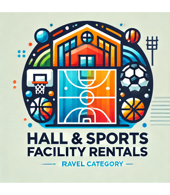 •	Hall & Sports Facility Rentals: "An indoor sports hall set up for a basketball game."