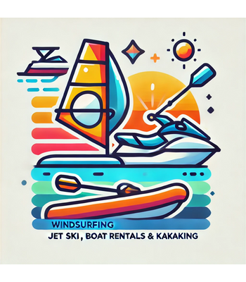 •	Windsurfing, Jet Ski, Boat Rentals & Kayaking: "A windsurfer catching waves along the coast."