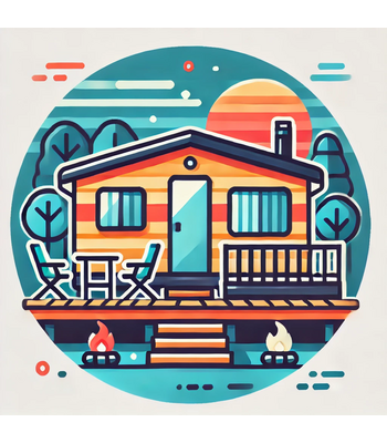 •	Mobile Homes in Campsites: "A cozy mobile home with a wooden terrace in a scenic campsite."