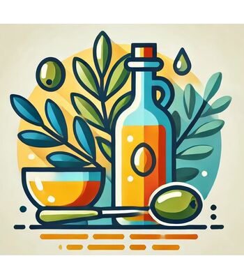 •	Olive Oil: "Bottles of premium extra virgin olive oil on a wooden table."