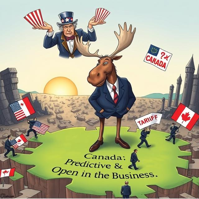 Humorous cartoon depicting Canada as a stable haven amidst global trade turmoil
