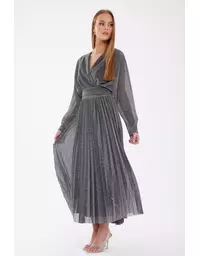 A wholesale clothing model wears Midi Evening Dress- Silver , Turkish wholesale Clothing of Fervente